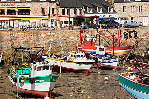 渔船,退潮,房子,港口,布列塔尼半岛,法国