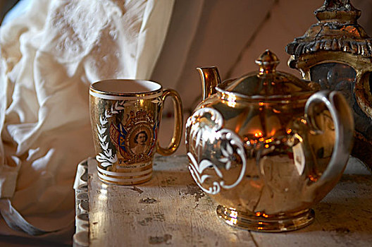 金色,茶壶,杯子,脸,伊莉莎白女王