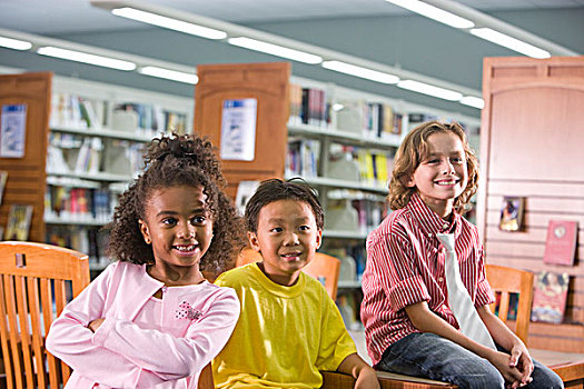 三个,小学,孩子,微笑,学校,图书馆