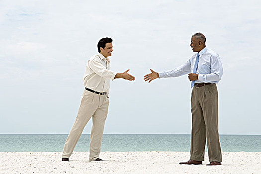 两个,商务人士,站立,海滩,室外,握手,相互