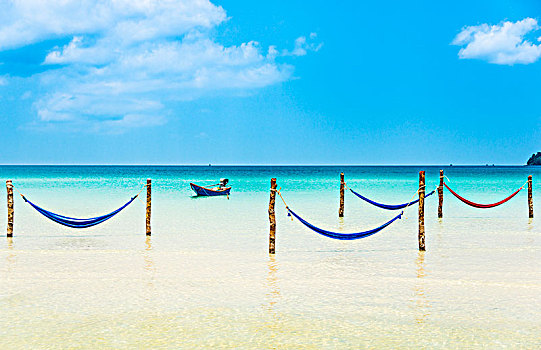 摩托艇,吊床,自然风光,沙滩,蓝绿色海水,湾,苏梅岛,岛屿,西哈努克城,柬埔寨,亚洲