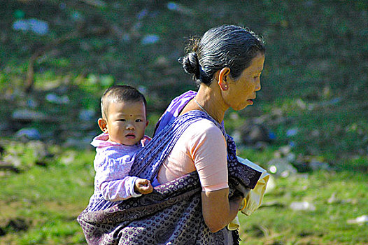 部族,女人,孙女,背影,孟加拉,十二月,2005年