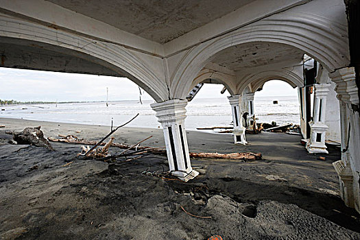 沿岸,建筑,一半,淹没,沙子,靠近,印度洋,地震,海啸,2004年,省,印度尼西亚