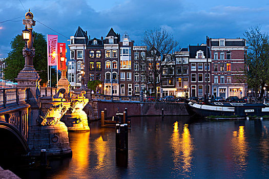 蓝色,桥,绅士运河,老,运河,商贸,房子,背影,阿姆斯特丹,荷兰,欧洲