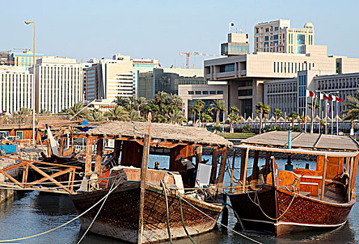 工作,独桅三角帆船,停泊,港口,滨海路,卡塔尔,阿拉伯,背景,建筑,约会,60多岁,70多岁