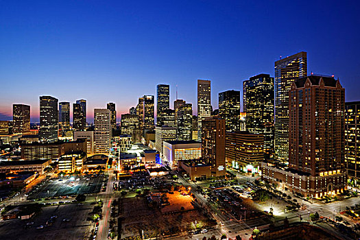 摩天大楼,光亮,黄昏,休斯顿,德克萨斯,美国