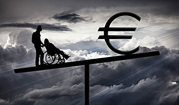 人,推,轮椅,欧元标志,象征,照顾,老人,插画