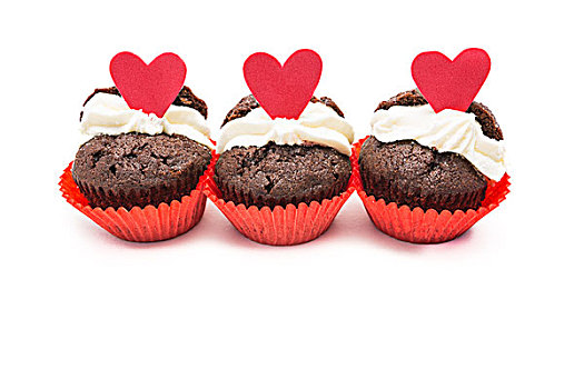 三个,巧克力,情人节,杯形蛋糕,心形,装饰,白色背景