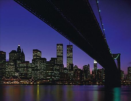 布鲁克林大桥,天际线,曼哈顿,夜晚,纽约,美国,北美,摩天大楼,光亮