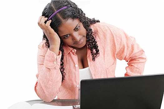 年轻,女黑人,职业,手捋头发,上方,笔记本电脑