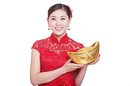 年轻,亚洲女性,红色,旗袍,金条,春节