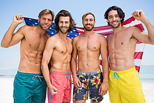 男性,头像,朋友,拿着,美国国旗,站立,海滩,晴天
