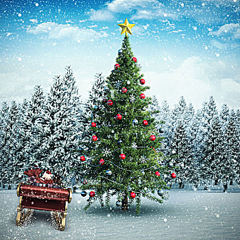 合成效果,图像,圣诞老人,飞,雪撬,圣诞树,雪景