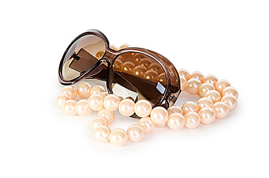 珍珠项链,墨镜,隔绝,白色背景