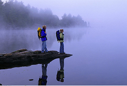 伴侣,站立,石头,湖,雾,安大略省,加拿大