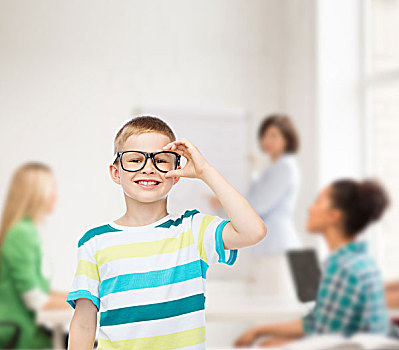 视野,教育,学校,概念,微笑,小男孩,眼镜,上方,白色背景