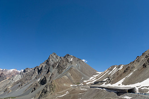 中国新疆夏季蓝天白云下g217独库公路沿途雪山草地