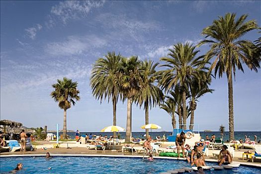 游泳池,海滩,伊比沙岛,巴利阿里群岛,西班牙,欧洲