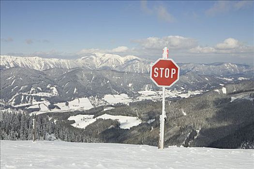 停车标志,背景,山,滑雪区,施蒂里亚,奥地利