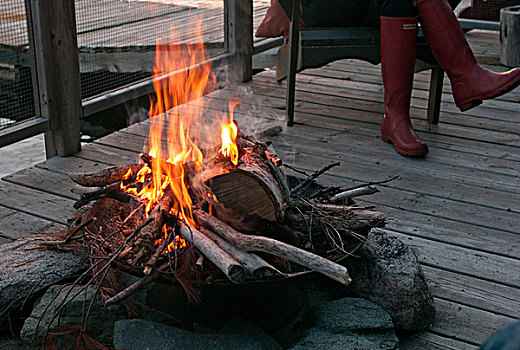 营火,码头,湖,木头,安大略省,加拿大