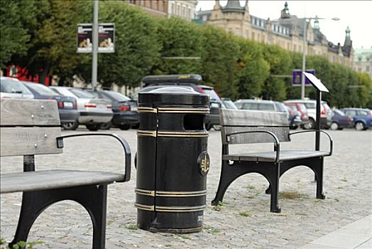 长椅,垃圾箱,斯德哥尔摩,瑞典,斯堪的纳维亚,欧洲