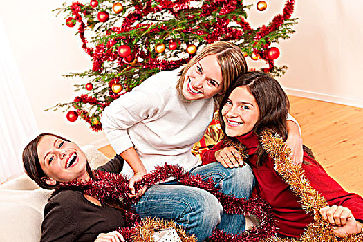 三个,愉悦,女人,有趣,圣诞节,正面,树