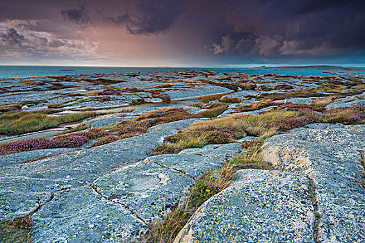 石头,日落,暴风雨天气,海岸线,靠近,布胡斯,省,瑞典,欧洲