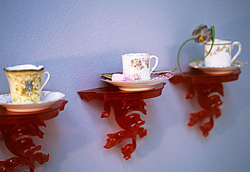 老,瓷器,杯子,碟,红色,塑料制品,墙壁,支架