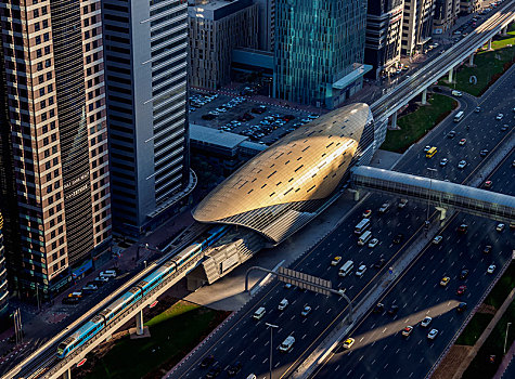 道路,地铁站,迪拜,国际,金融中心,俯视图,阿联酋,亚洲