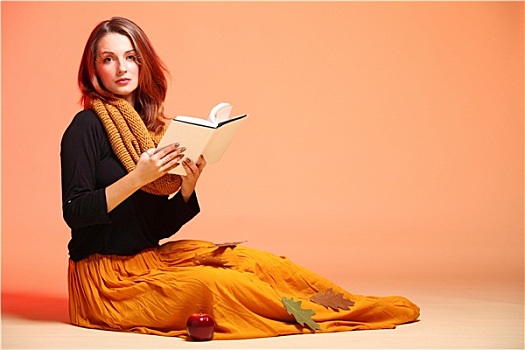 秋季时装,女孩,书本,橙色