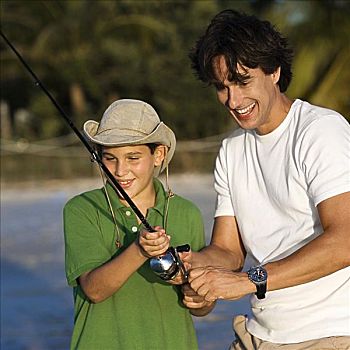 父亲,儿子,捕鱼,海滩