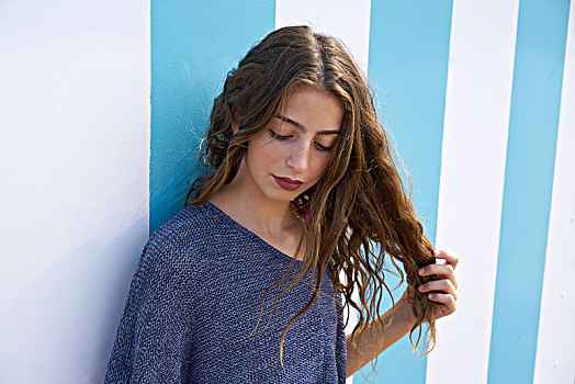黑发,少女,头像,夏天,海滩,蓝色,条纹,墙壁