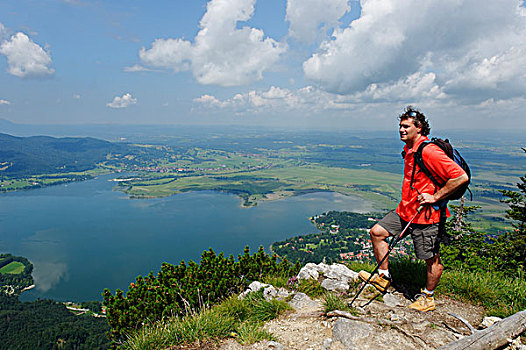 登山者,站立,顶峰,山,风景,湖,靠近,上巴伐利亚,巴伐利亚,德国,欧洲
