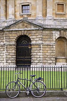 牛津,英格兰,学生,自行车,栏杆,正面,摄影,建筑,英国