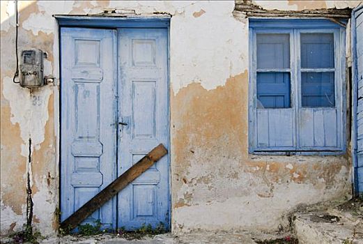 老,木门,窗户,脱落,涂绘,基克拉迪群岛,希腊,欧洲