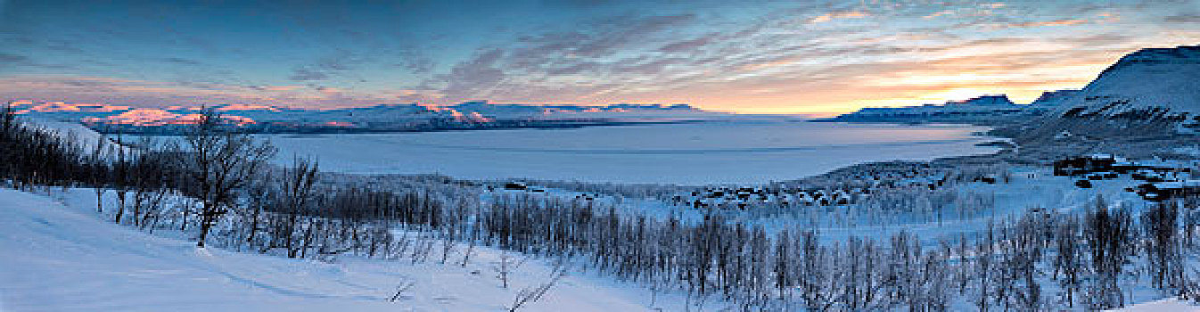 全景,日出,雪景,市区,诺尔博滕县,拉普兰,瑞典