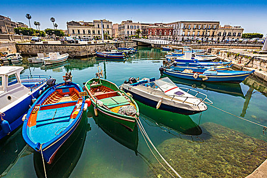 传统,渔船,停泊,港口,奥提吉亚岛,锡拉库扎,西西里,意大利