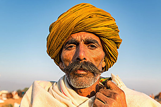 头像,老人,穿,缠头巾,普什卡,拉贾斯坦邦,印度,亚洲