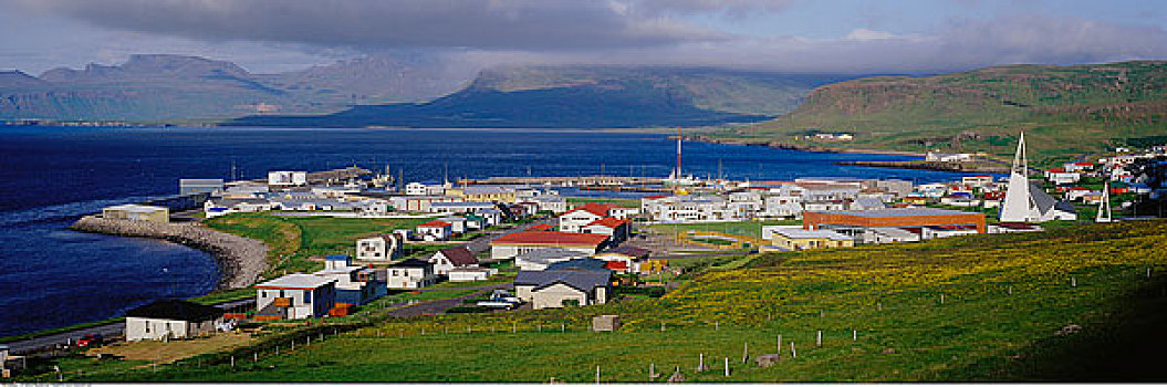 俯视,沿岸城镇,冰岛