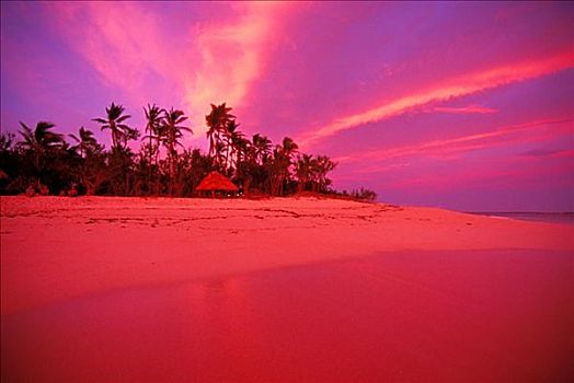 斐济,卢阿岛,日出,紫色天空,粉色,沙子,水