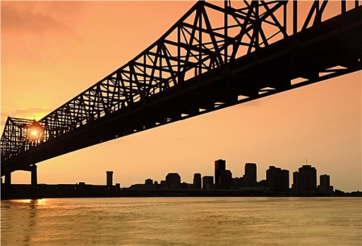 新奥尔良,天际线,密西西比河,桥,日落