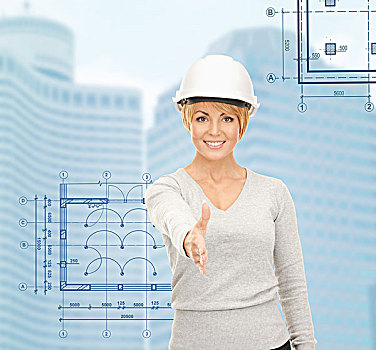 建筑,概念,女性,承包,白色,头盔,就绪,握手