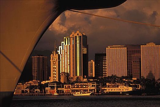 夏威夷,瓦胡岛,檀香山,阿罗哈塔,港口,市区,金色,色调,框架,船