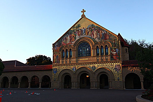 斯坦福大学,耶稣,壁画,建筑,学院,学校,草地,蓝天,北美洲,美国,加利福尼亚州,旧金山,风景,全景,文化,景点,旅游