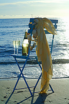 两个,玻璃杯,汽酒,瓶子,椅子,海洋