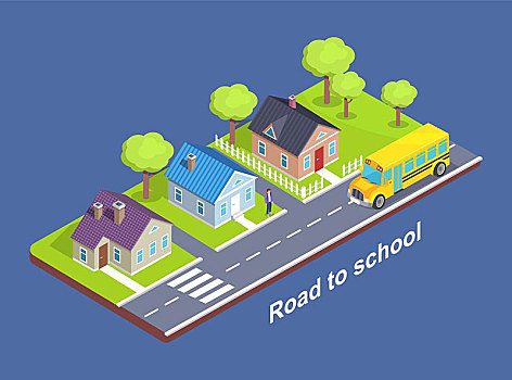 道路,学校,屋舍,城镇,人行横道,主路,绿色,草坪,花园,满,树,矢量,插画,隔绝,蓝色背景