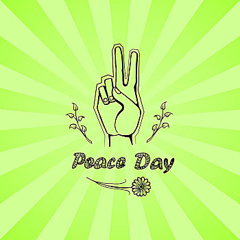 国际,平和,白天,海报,九月,矢量,手,手势,两个,手指,寓意,自由,枝条,花,绿色背景,光线