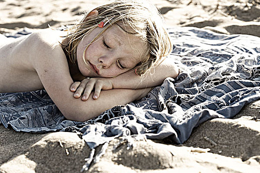 女孩,睡觉,海滩