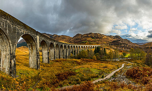 铁路,高架桥,秋色,阴天,西部,高地,苏格兰,英国
