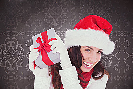 合成效果,图像,高兴,黑发,圣诞帽,拿着,礼物,优雅,图案,壁纸,灰色